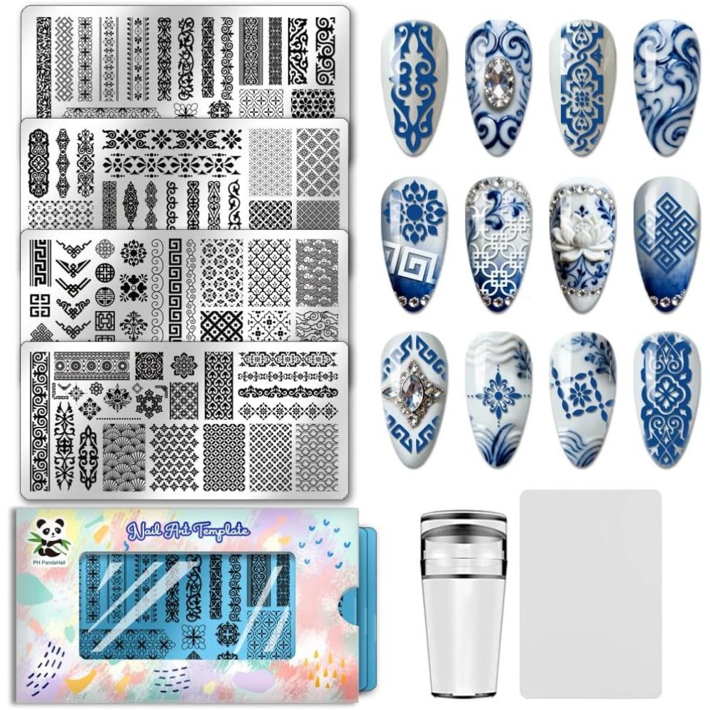 Nail Art Motif - 4枚セット 中国風模様 ネイルスタンププレート レトロな長方形ネイルアートテンプレート 花柄モチーフ ネイルステンシル