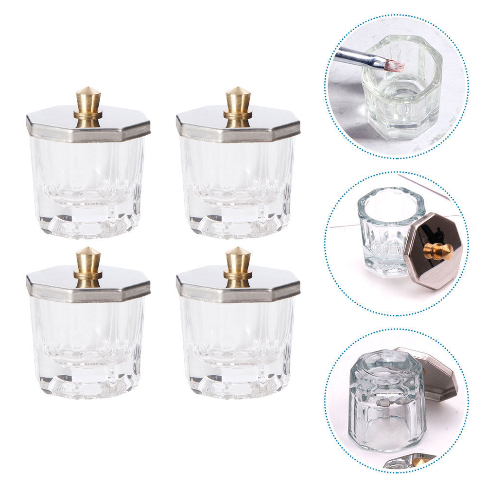 Acrylic Powder Clear - 透明なガラス製のネイル用液体ボウル4個セット。八角形の蓋付きで、こぼれにくく、揮発しにくい。ネイルアート、アクリルパウダー、マニキュア用の容器として最適。