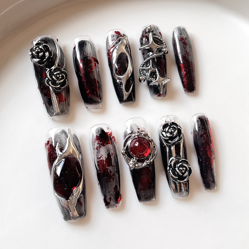 Nail Art Y2K - 手作りの偽のハロウィーンの爪,長い,金属,アクリル,ゴシック,圧力,ハロウィーン,マニキュア,理想的な,ライフストア,y2k