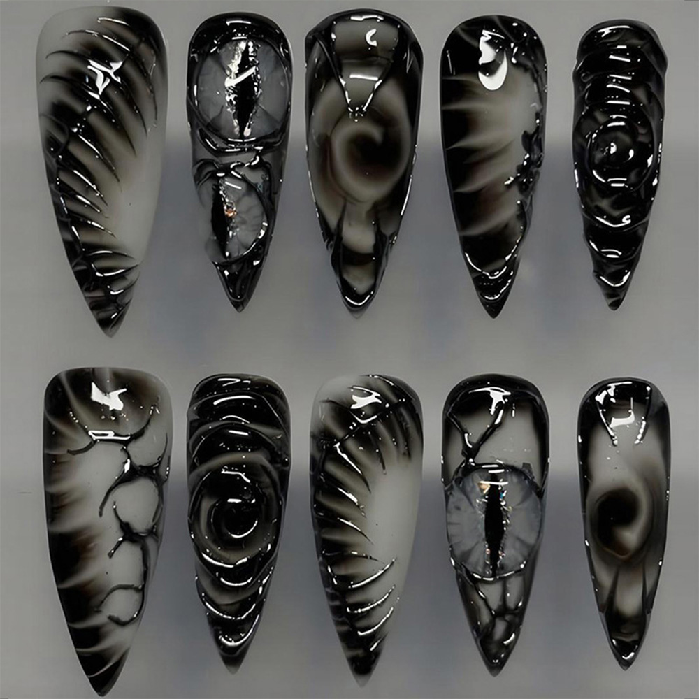 Nail Art Y2K - スティレットゴシックプレスオンネイル30枚入り 光沢アクリル製フェイクネイル 3Dエンボス加工デビルアイ柄 パンク風つけ爪 ハロウィン用
