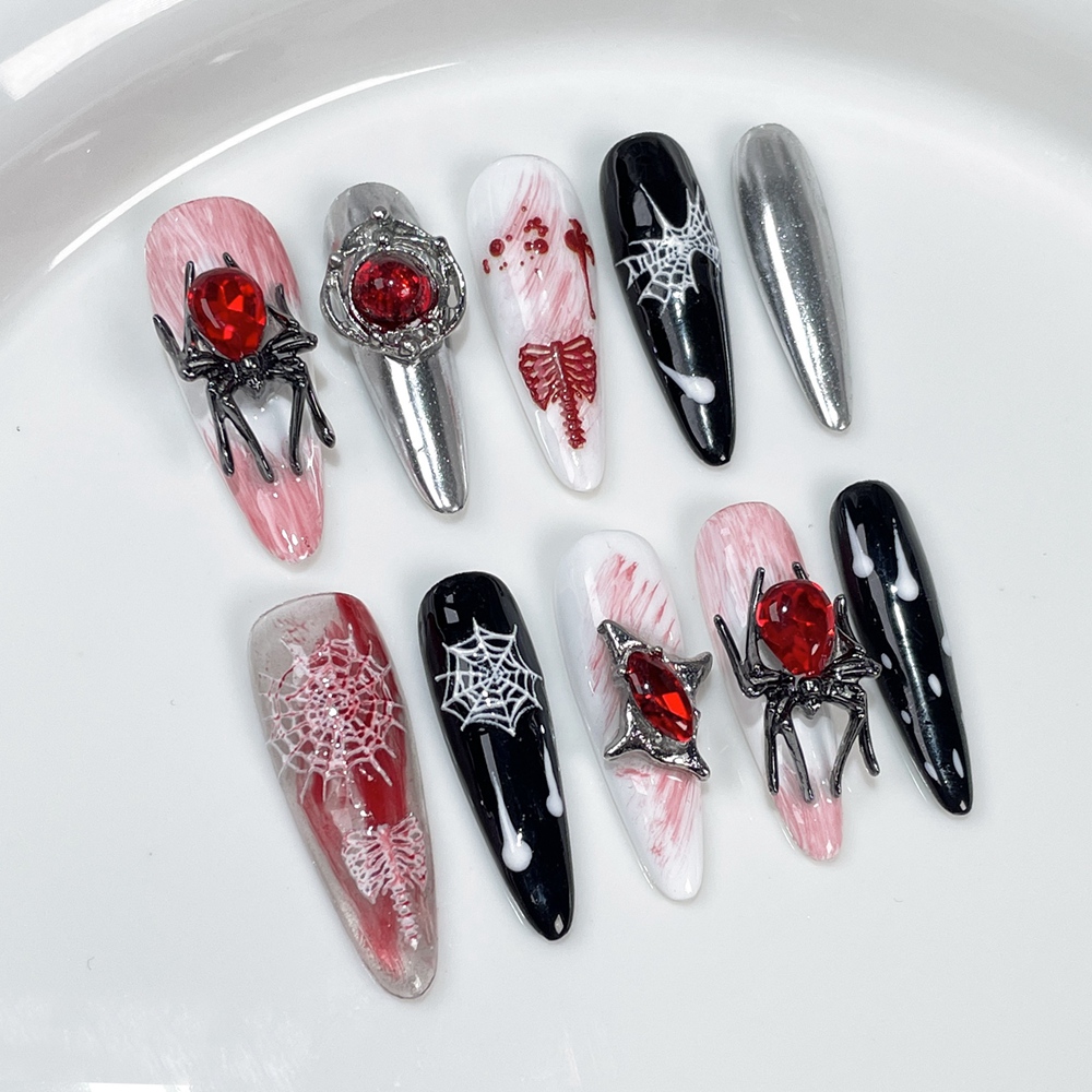 手作りの偽のハロウィーンの爪,長い,金属,アクリル,ゴシック - Nail Art Y2K のレビューと価格