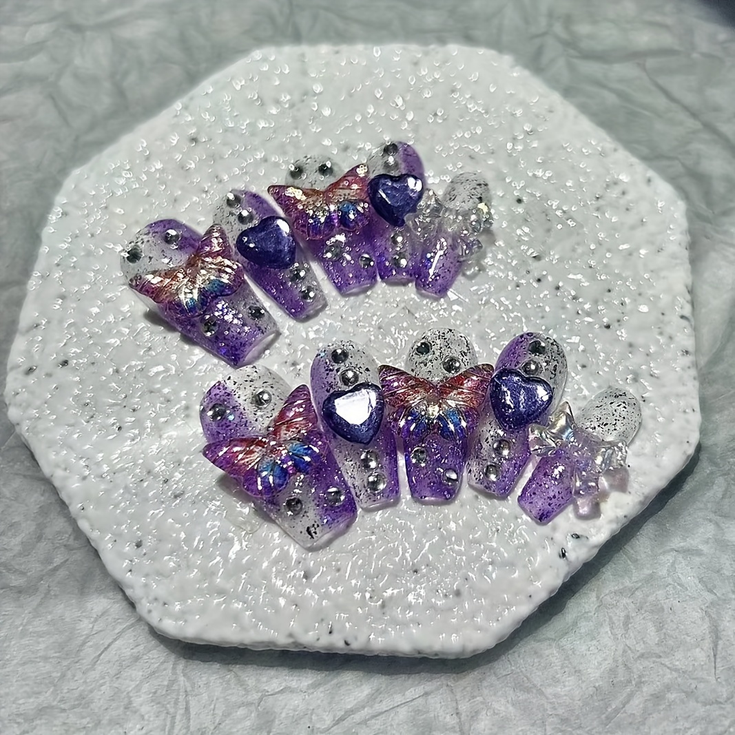 10 個パープルファンタジー蝶偽爪ハートダイヤモンドスパーク - Nail Art Y2K のレビューと価格