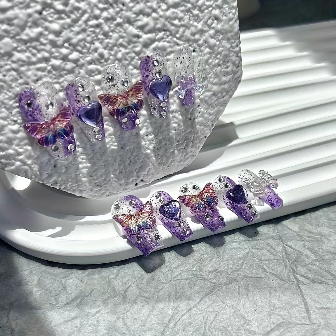 10 個パープルファンタジー蝶偽爪ハートダイヤモンドスパーク - Nail Art Y2K のレビューと価格